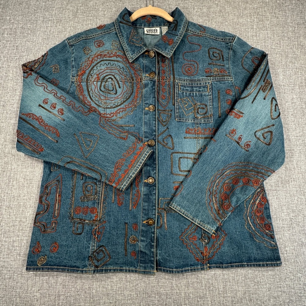 Vintage Chico's Design Denim Jacket Womens 3‎ Blue Metallic Leather Trim Artsy